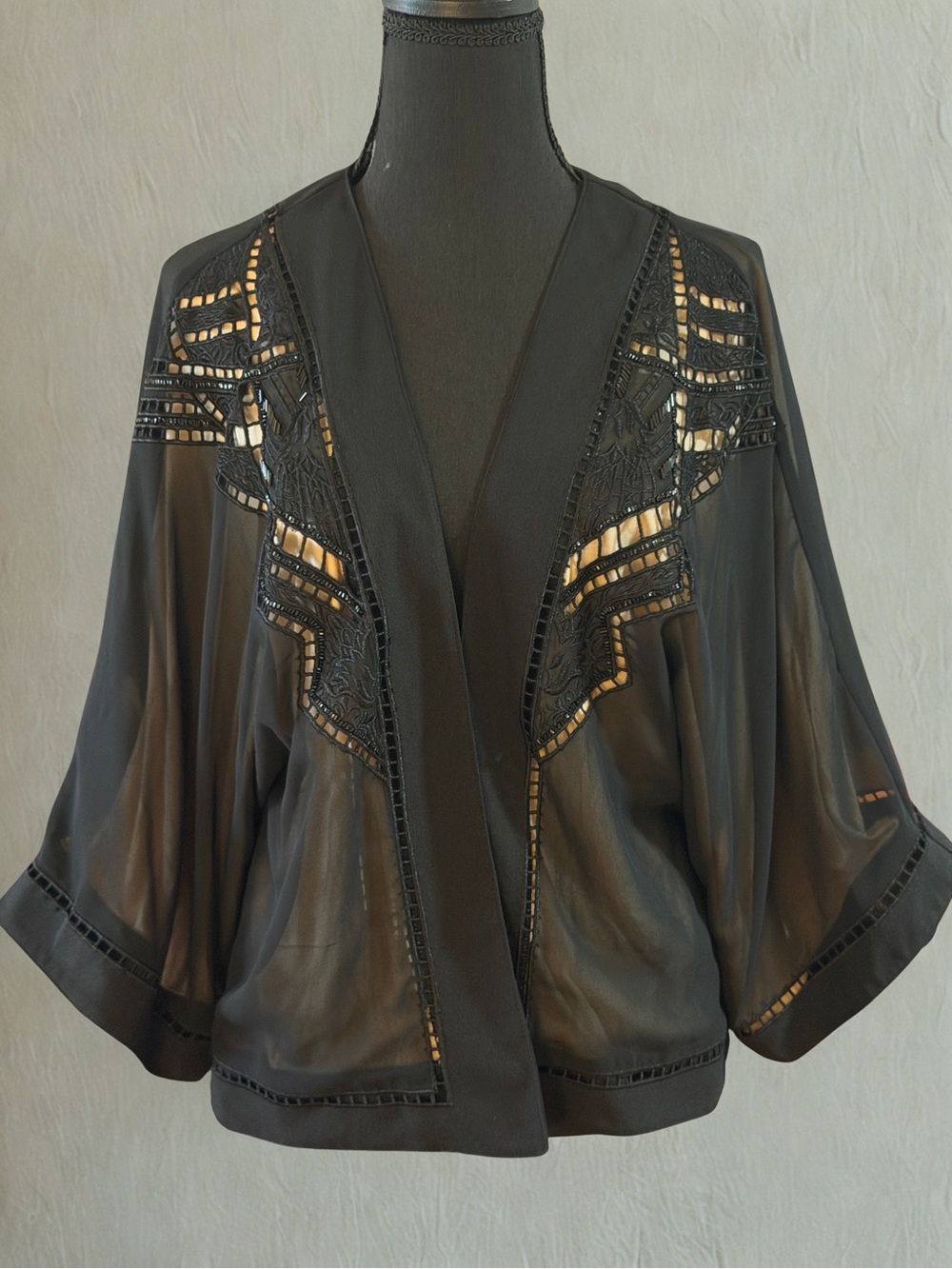 Deletta Black Lace-Trim Open Front Kimono Jacket